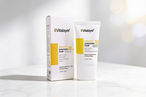 فلوئید ضد آفتاب SPF50 ویتامین سی ویتالیر روی سطح مرمر سفید