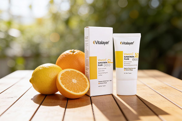 فلوئید ضد آفتاب ویتامین سی ویتالیر در کنار مرکبات تازه