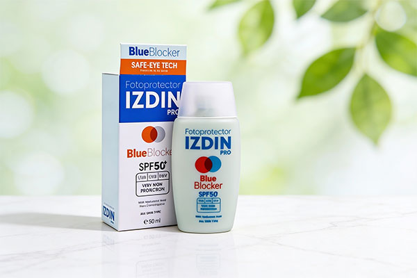 تصویر ضد آفتاب بلو بلاکر ایزدین SPF50 روی سطح مرمر سفید
