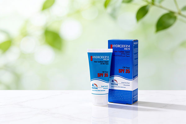 تصویر کرم ضد آفتاب مردانه هیدرودرم SPF35 روی سطح مرمر سفید