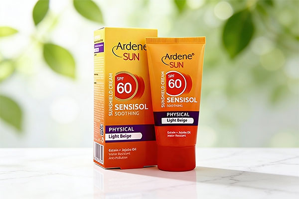 کرم ضد آفتاب فیزیکال سنسی سول SPF60 رنگی آردن روی سطح مرمر سفید