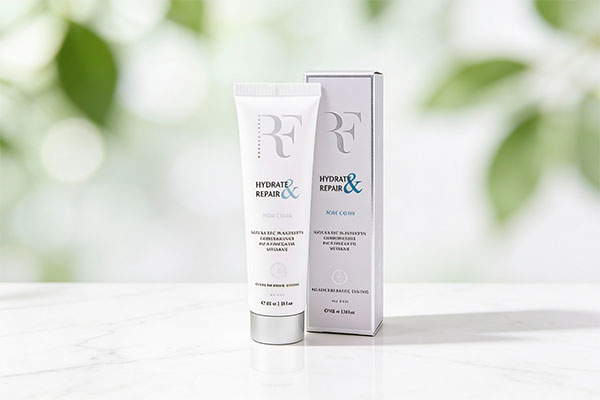 تصویر کرم مرطوب&zwnj;کننده و ترمیم&zwnj;کننده پا رویال فم روی سطح مرمر سفید