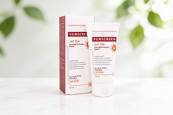 تصویر کرم ضد آفتاب اگزوفارما بی رنگ SPF50 مای روی سطح مرمر سفید