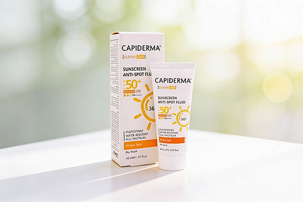 فلوئید ضد آفتاب SPF50 روشن کننده کپیدرما روی سطح سفید