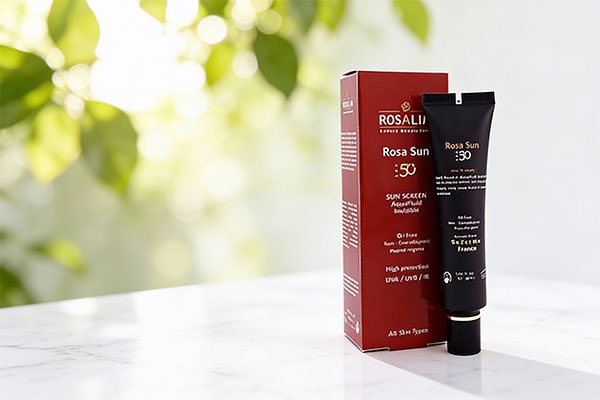 ضد آفتاب بی رنگ رزالیا SPF50 روی سطح مرمر سفید