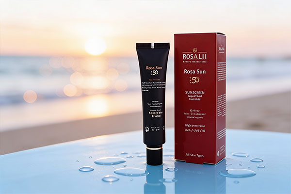 نمای نزدیک از ضد آفتاب رزالیا بی رنگ انواع پوست با قطرات آب