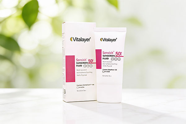 فلوئید ضد آفتاب پوست حساس ویتالیر SPF50 روی سطح مرمر سفید