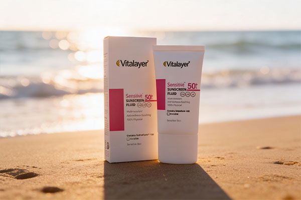 فلوئید ضد آفتاب SPF50 پوست حساس ویتالیر در کنار ساحل