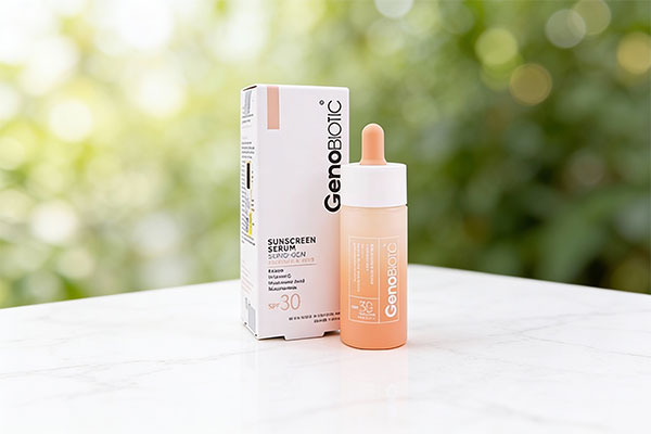سرم ضد آفتاب صورت و گردن SPF30 ژنوبایوتیک روی سطح مرمر سفید