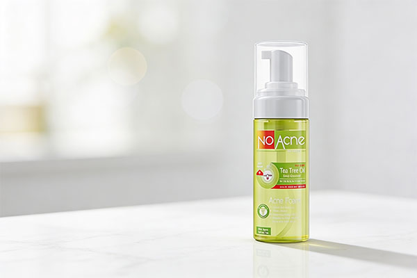 فوم شستشوی پوست چرب درخت چای نو آکنه روی سطح مرمر سفید