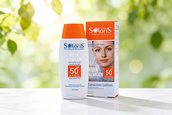 لوسیون ضد آفتاب آکوا نیوژن SPF50 آردن سولاریس روی سطح مرمر سفید