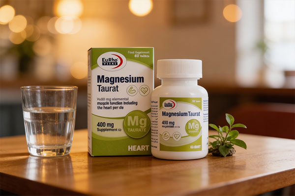 قرص منیزیم تائورات یوروویتال کنار لیوان آب و گیاه