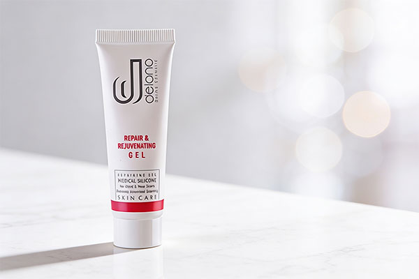 ژل ترمیم کننده پوست صورت دلانو روی سطح مرمر سفید