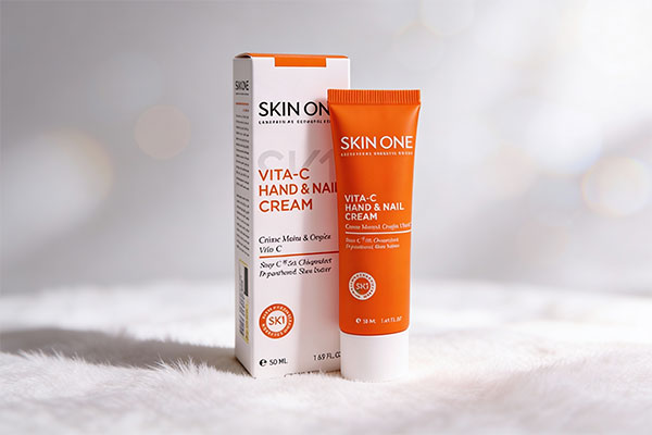 کرم دست و ناخن ویتامین سی اسکین وان روی سطح سفید