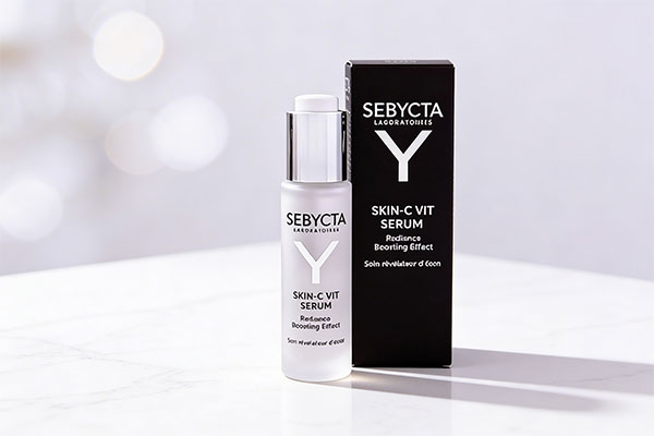 سرم روشن کننده صورت ویتامین سی سبیکتا روی سطح مرمر سفید