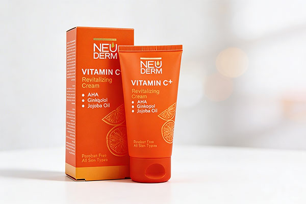 کرم ویتامین سی پلاس نئودرم روی سطح مرمر سفید