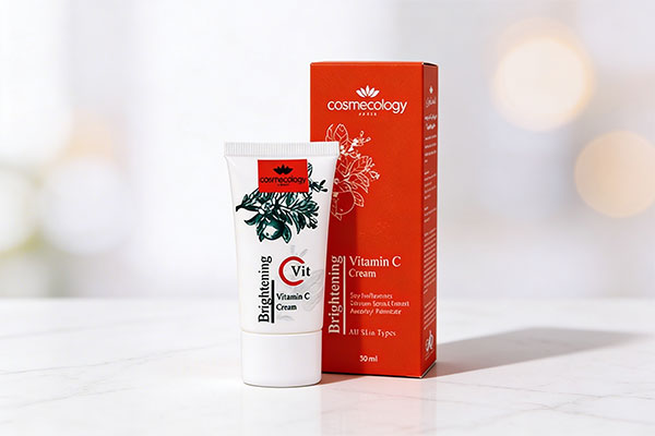 کرم روشن کننده ویتامین سی کاسمکولوژی روی سطح مرمر سفید