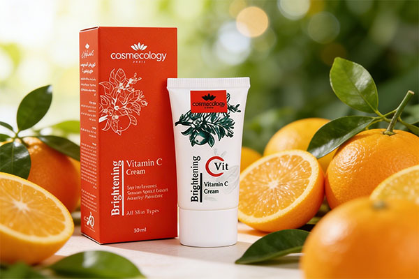 کرم ویتامین سی کاسمکولوژی در کنار مرکبات و برگ&zwnj;های سبز