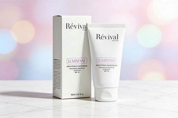 تصویر کرم روشن کننده دست SPF12 رویوال روی سطح مرمر سفید