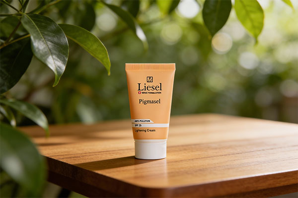 کرم ضد لک پیگماسل لایسل روی میز چوبی با پس&zwnj;زمینه طبیعی