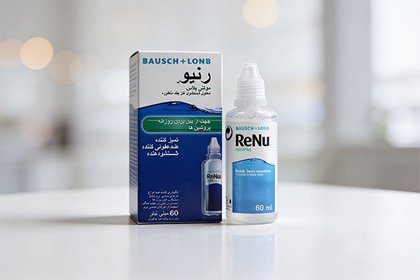 محلول شستشوی لنز رنیو مولتی پلاس روی سطح سفید