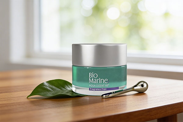 کرم دور چشم بایومارین بالای 40 سال کنار برگ سبز و لیوان آب