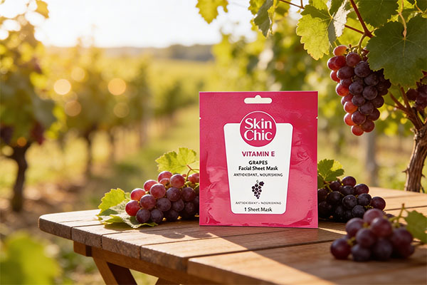 ماسک اسکین شیک عصاره انگور و ویتامین ای در کنار انگور تازه