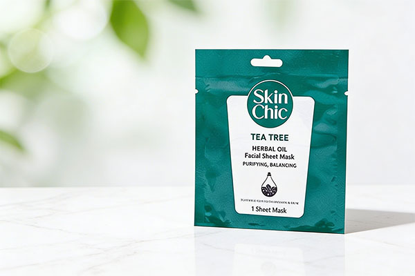 ماسک صورت اسکین شیک روغن گیاهی و درخت چای روی سطح مرمر سفید