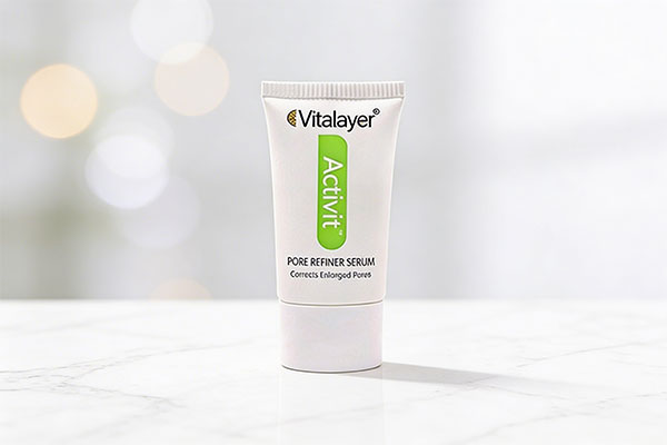 تصویر سرم جمع کننده منافذ اکتی ویت ویتالیر روی سطح مرمر سفید