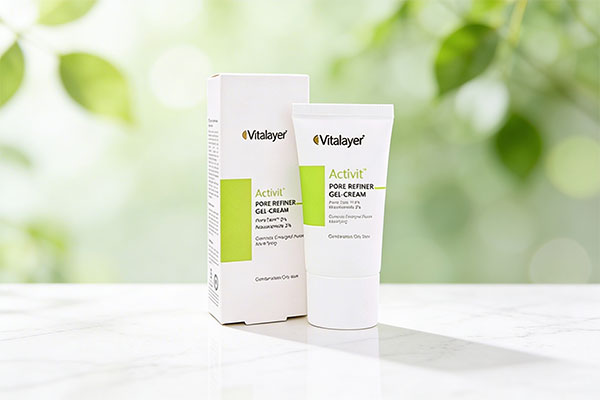 کرم ژل جمع کننده منافذ باز اکتی ویت ویتالیر روی سطح مرمر سفید