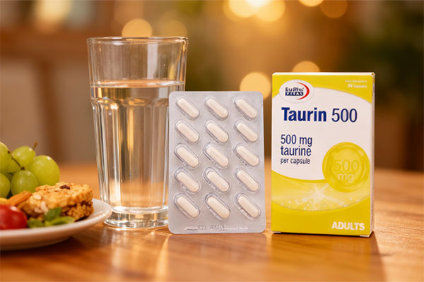 کپسول تائورین 500 یوروویتال کنار لیوان آب و میان&zwnj;وعده