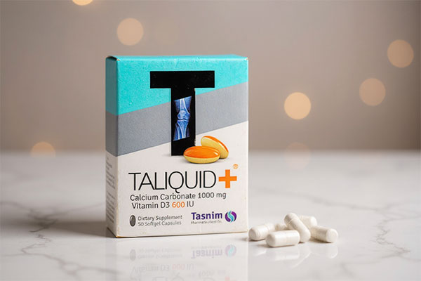 کپسول تالیکویید پلاس تسنیم در بستهبندی باز روی سطح سفید