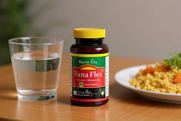 قرص وانا فلکس نورم لایف کنار لیوان آب و غذا