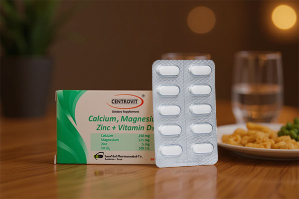 قرص کلسیم سنتروویت کنار لیوان آب و وعده غذایی سالم