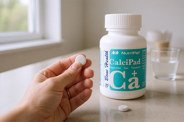 قرص کلسیم سیترات نوتری پاد در کنار برگ‌های سبز