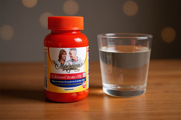 قرص کلسیم سیترات مگنوم کنار لیوان آب