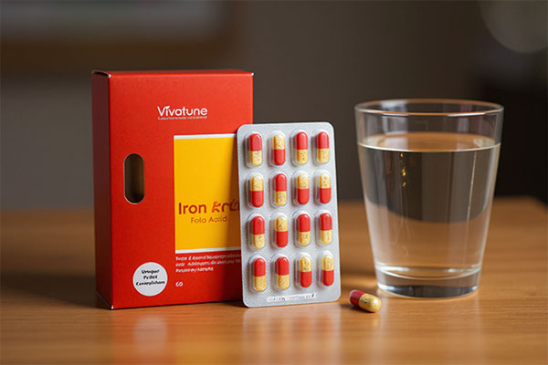 کپسول آهن و فولیک اسید ویواتیون کنار لیوان آب