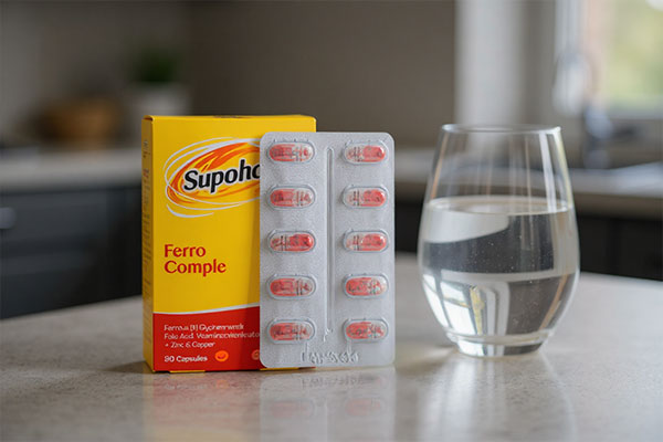 تصویر کپسول فرو کامپلیت سوپرابیون کنار لیوان آب