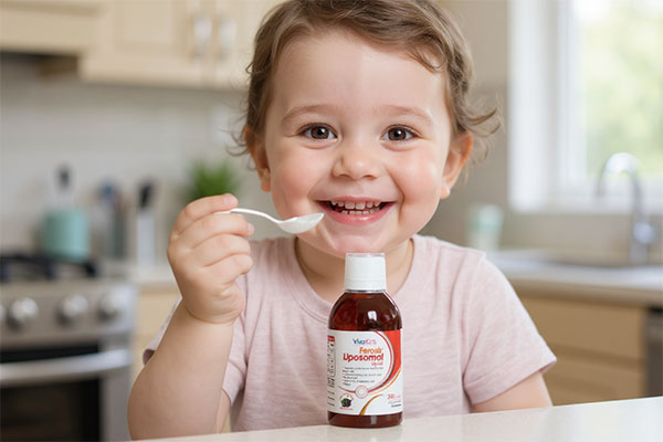کودک خوشحال در حال مصرف شربت فروسیس لیپوزومال