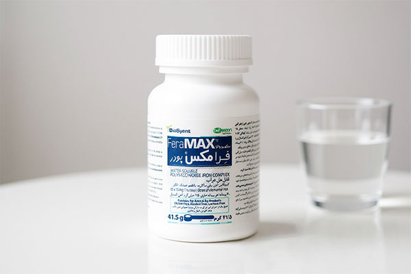 بستهبندی پودر آهن فرامکس بیوساینت روی میز سفید