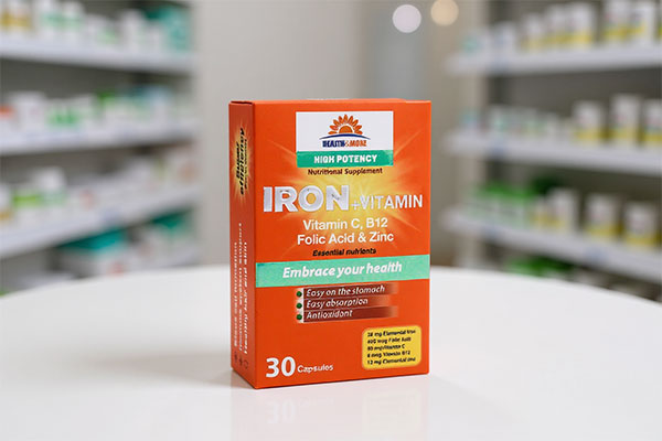 تصویر کپسول آهن و ویتامین هلث اند مور روی سطح سفید
