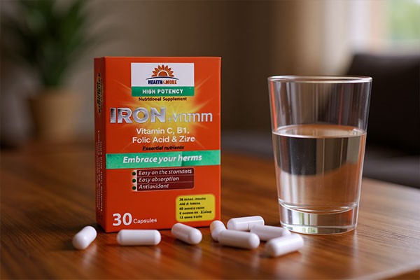 کپسول آهن و ویتامین هلث اند مور کنار لیوان آب