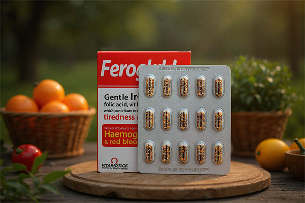 کپسول فروگلوبین در کنار مواد غذایی سالم