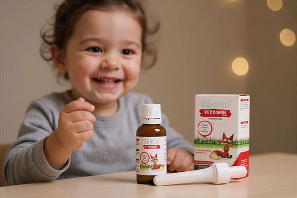 کودک در حال مصرف قطره فرومین کیندر