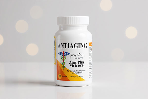 کپسول زینک پلاس ویتامین دی 1000 آنتی ایجینگ روی سطح سفید