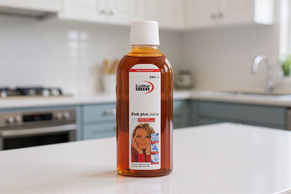 شربت زینک پلاس یوروویتال روی پیشخوان آشپزخانه