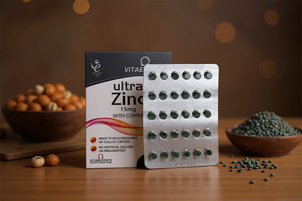 قرص اولترا زینک ویتابیوتیکس کنار لیوان آب و میوه‌های تازه