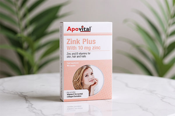 کپسول زینک پلاس آپوویتال 40 عددی روی سطح مرمر سفید