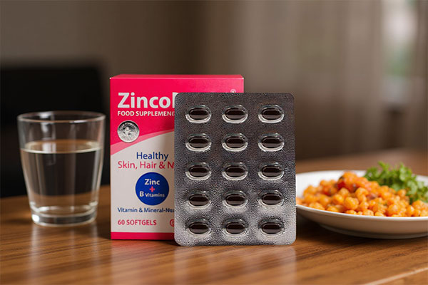کپسول زینکو هلث او پی دی فارما همراه با غذا و آب