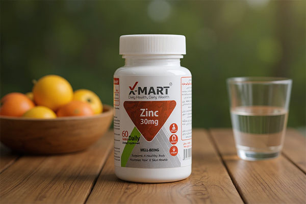 قرص زینک 30 میلی گرم ایکس مارت در محیط سلامت‌محور با میوه و آب